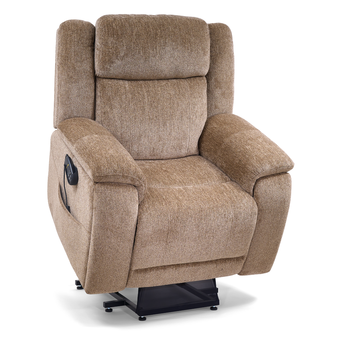 The Golden Tech Halo Power Lift Recliner with Footrest Extension & power Headrest features tan upholstery, plush cushions, wide armrests, a left-side control panel, and a black base that slightly lifts for easy mobility.